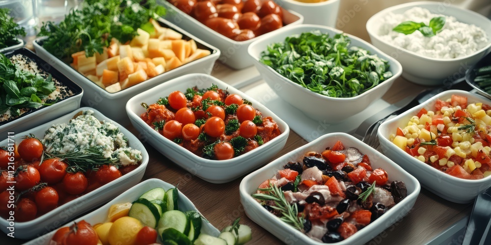 Fresh & Vibrant Salad Bar. A tempting array of colorful salads, vegetables, and fresh ingredients fills white serving dishes, showcasing a healthy and delicious meal option. Fresh & Vibrant Salad Bar. A tempting array of colorful salads, vegetables, and fresh ingredients fills white serving dishes, showcasing a healthy and delicious meal option.