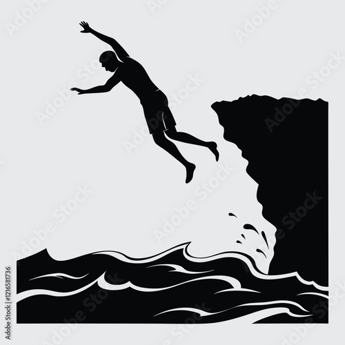  a-diver-jumping-off-a-cliff-into-water image silhouette vector art and illustration