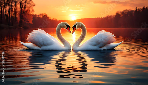 Fototapeta Naklejka Na Ścianę i Meble -  two swans in a lake making heart shape with their heads together