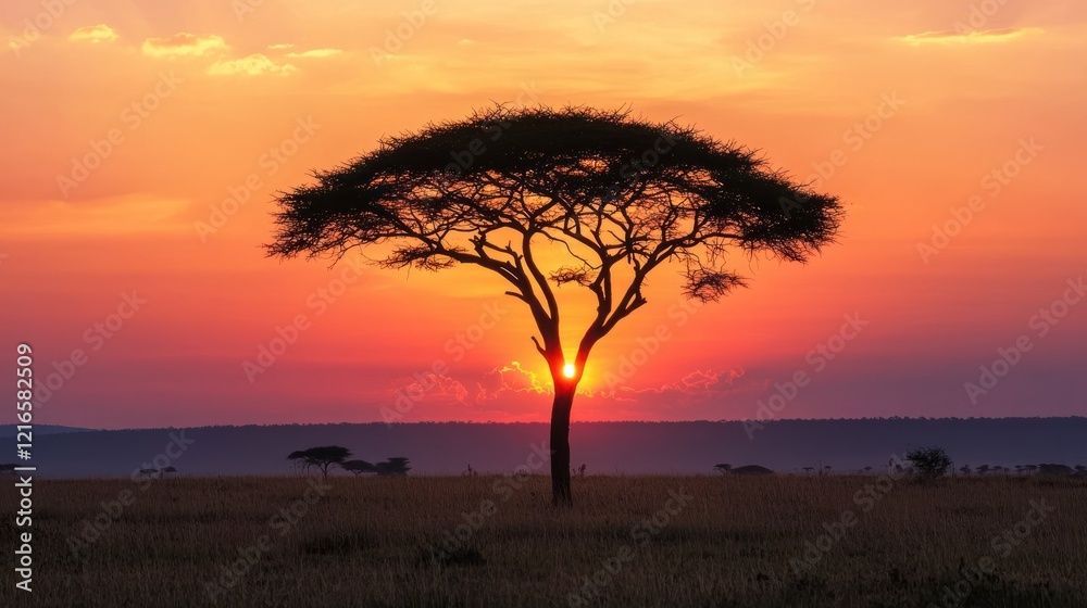 A silhouette of a lone tree against a vibrant sunset on the horizon. A silhouette of a lone tree against a vibrant sunset on the horizon.