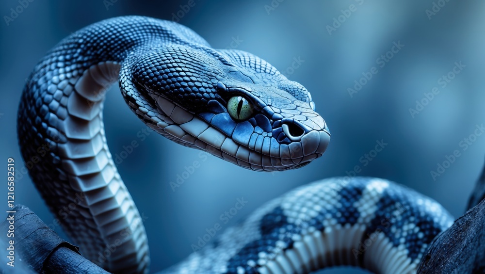 Fototapeta premium A close-up of a blue and black snake with striking green eyes, coiled gracefully against a dark, blurred background.
