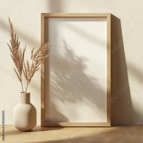 A minimalist scene featuring a wooden frame beside a vase with dried plants, casting soft shadows on a light background.