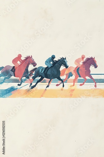 A colorful illustration of racing horses and jockeys in motion, capturing the dynamic energy of a horse race.