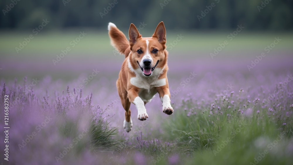 A happy dog joyfully runs through a lavender field, showcasing a playful spirit amidst beautiful purple blooms. A happy dog joyfully runs through a lavender field, showcasing a playful spirit amidst beautiful purple blooms.