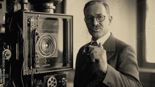 Vintage footage of a scientist or photographer with glasses, holding a camera and standing next to a large format camera. This historical clip evokes a sense of discovery 