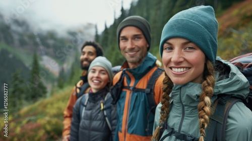 mountains and friends portrait for fitness, adventure or wellness lifestyle. Nature, eco and health people or group with happy motivation for backpack trekking and countryside journey