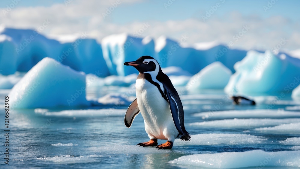 Obraz premium A solitary penguin stands on ice amidst blue icebergs, showcasing the beauty of its natural habitat in a serene, chilly environment.