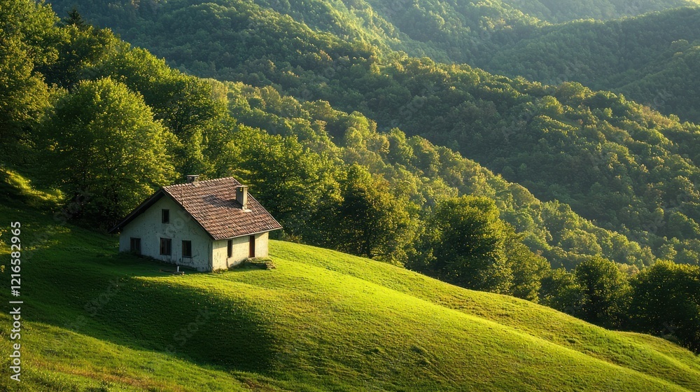 A small house nestled in the middle of lush hills. A small house nestled in the middle of lush hills.
