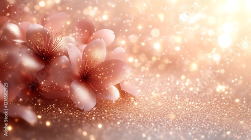 Glittering Rose Gold Flowers on Sparkling Background