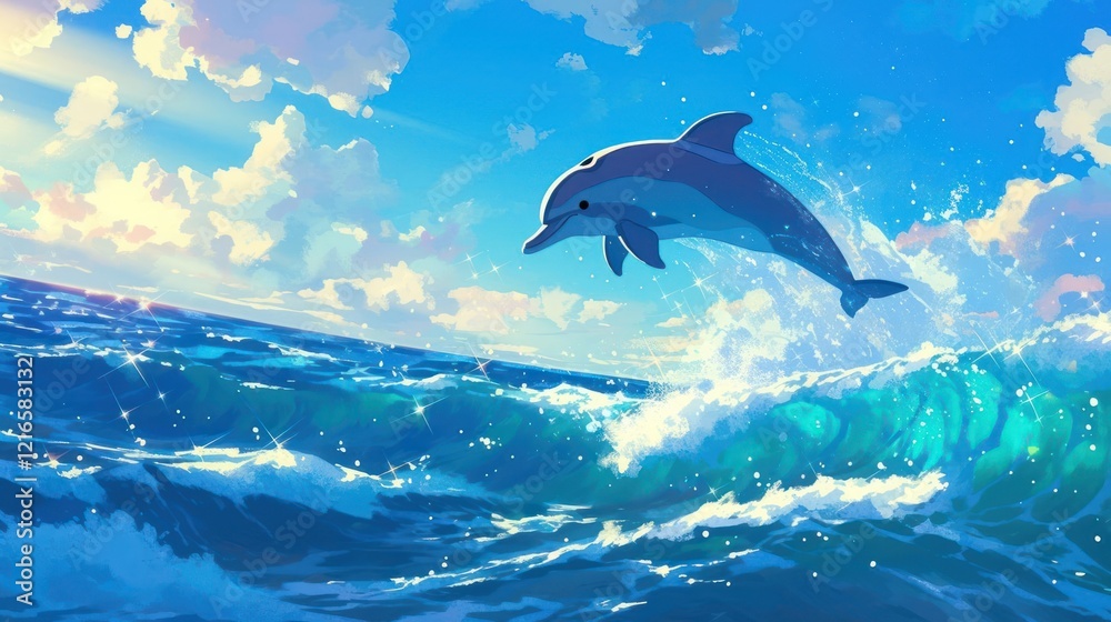 Fototapeta premium Playful dolphin leaps from vibrant ocean waves under a bright blue sky with fluffy clouds