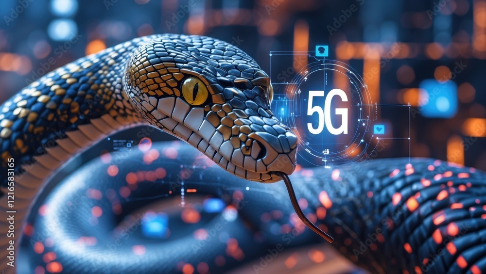 Obraz premium A close-up of a snake against a digital background featuring the text 