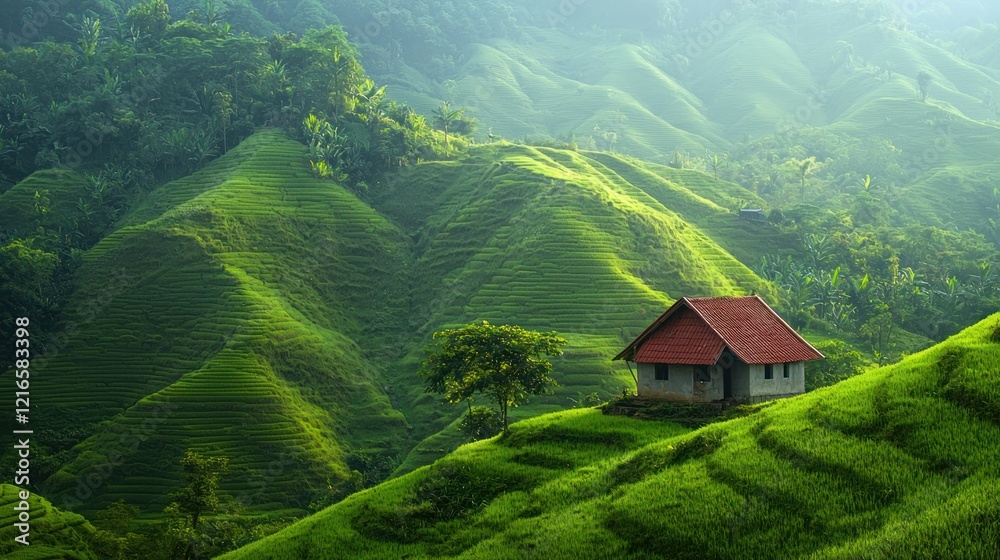 A small house nestled in the middle of lush hills. A small house nestled in the middle of lush hills.