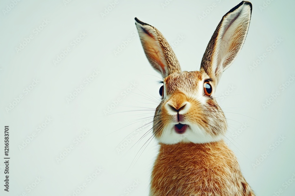 Fototapeta premium hare surprised on isolated white background, real image. close up.
