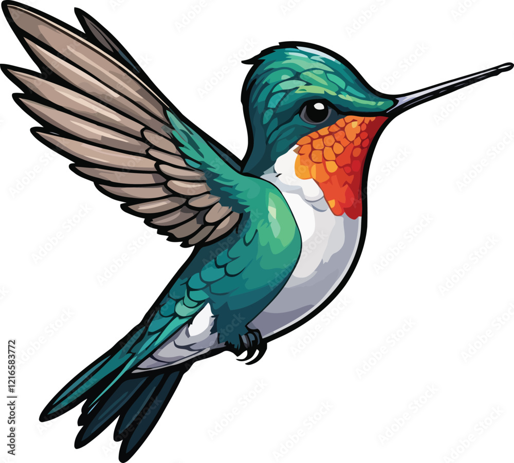 Fototapeta premium A graceful watercolor illustration of a hummingbird hovering with glossy plumage.