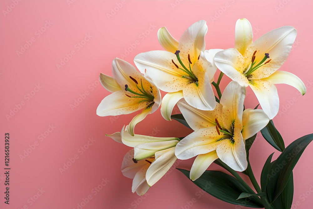 Obraz premium Cluster of Easter Lilies in full bloom on a solid pink background