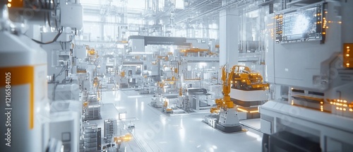 Robots in white factory assembly line with bright lights; for industry automation photo