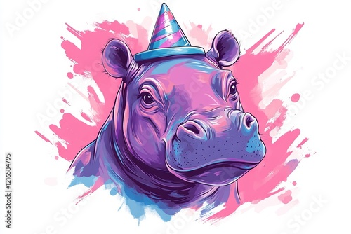 A colorful illustration of a hippo wearing a party hat, set against a vibrant pink splash background.