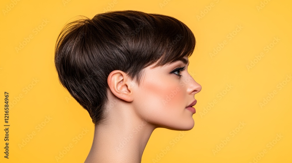 Side profile of a woman showcasing a sleek, short hairstyle against a vibrant yellow background. Her sharp features and modern cut emphasize elegance and style Side profile of a woman showcasing a sleek, short hairstyle against a vibrant yellow background. Her sharp features and modern cut emphasize elegance and style