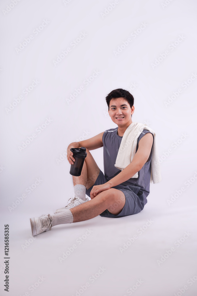 Obraz premium Full body image of an Asian guy wearing gym clothes posing on a white background