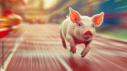 A playful pig runs energetically along a blurred path, capturing a sense of motion and joy in its vibrant surroundings.
