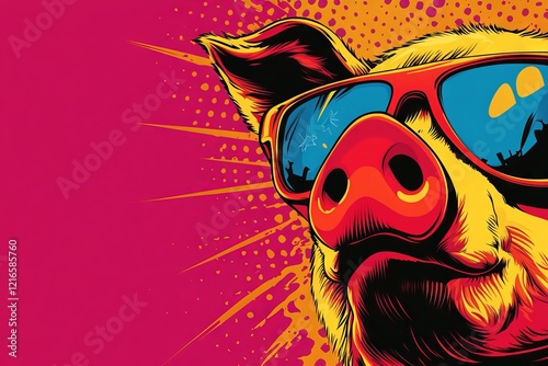 A vibrant, stylized illustration of a pig wearing sunglasses, set against a bright pink background with dynamic, colorful effects.