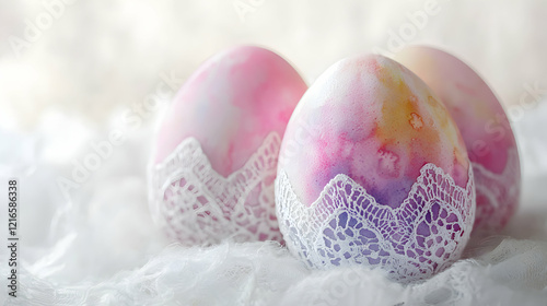 Easter eggs with soft watercolors and delicate lace designs on a soft white backdrop photo