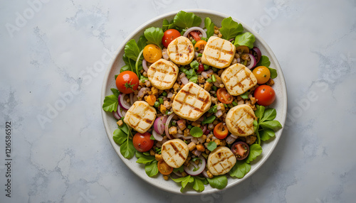 Vegetable salad cherry tomatoes, baked pepper, salad mix and onion with grilled haloumi (halloumi) cheese. Keto diet, healthy food. Light grey stone background. Top view. photo