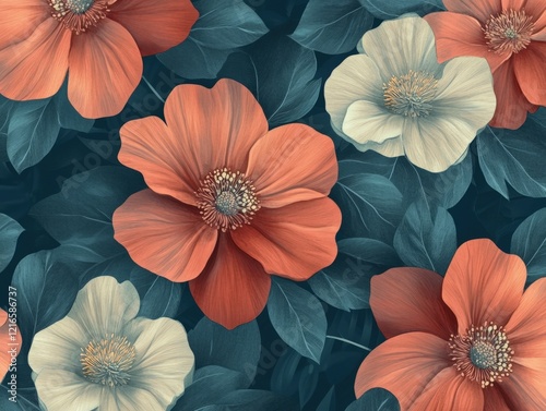 seamless floral pattern with coral and cream flowers and dark teal leaves