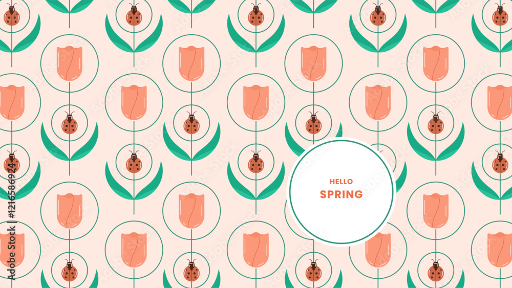 Hello Spring pattern design with ladybirds, tulips, and leaves. Pattern design for wrapping paper, card, banner, etc. Hello Spring pattern design with ladybirds, tulips, and leaves. Pattern design for wrapping paper, card, banner, etc.