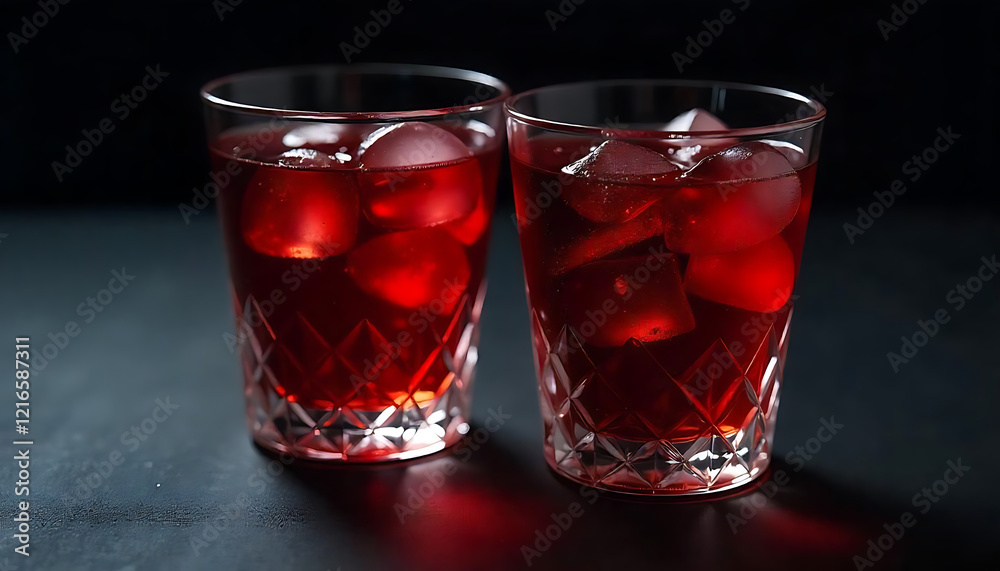 Elegant Crystal Glasses with Deep Red Cocktail on Dark Background, Champagne glasses., Exotic space cocktail, created with generative ai Elegant Crystal Glasses with Deep Red Cocktail on Dark Background, Champagne glasses., Exotic space cocktail, created with generative ai