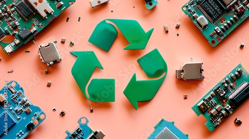 Electronic waste recycling Green arrows on pink background surrounded by circuit boards. Use Environmental awareness campaign