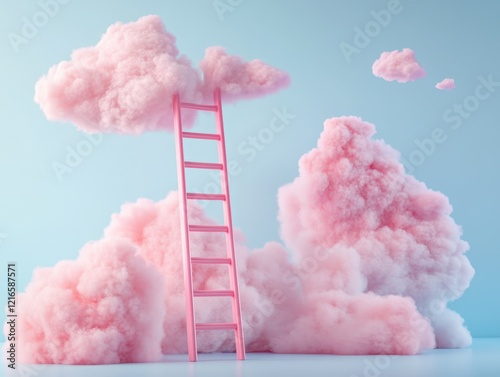 pink ladder leading to cotton candy clouds in a pastel blue sky, dreamy surreal concept
