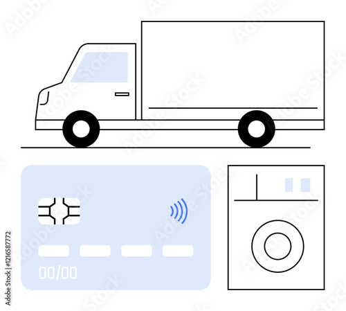 White delivery truck, contactless credit card, and washing machine combining themes of e-commerce, logistics, and consumer purchases. Ideal for retail, payment systems, and smart technology in
