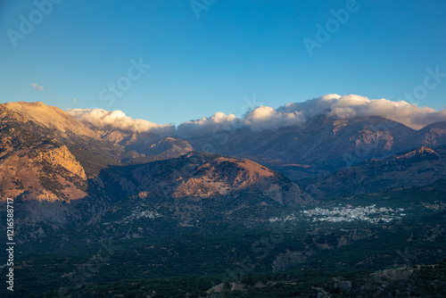 Panoramic view of beautiful mountains and seaside countryside of Crete, Greece