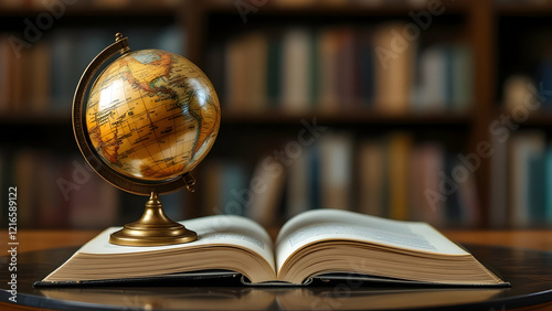 Antique globe and book in modern library represent timeless pursuit of knowledge. photo