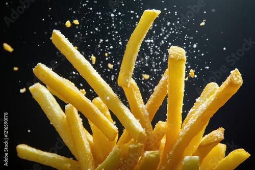 Salted fries air-tossed, black background, food photography