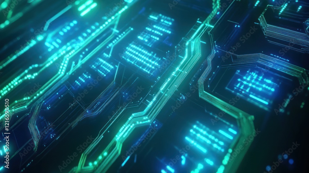 Fototapeta premium Abstract Futuristic Circuit Board: Glowing Green and Blue Digital Pathways