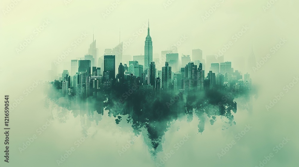 Fototapeta premium Misty Cityscape Urban Skyline Floating on Clouds, Ideal for Eco-Friendly Designs