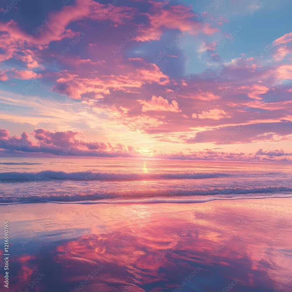 stunning pink and purple sunset over a calm ocean with gentle waves lapping at the sandy shore stunning pink and purple sunset over a calm ocean with gentle waves lapping at the sandy shore