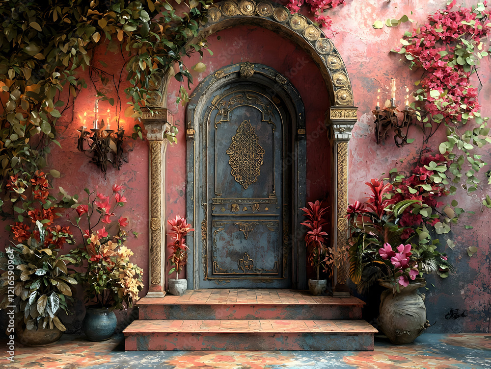 Ornate Doorway: Plants Frame Entrance Steps Ornate Doorway: Plants Frame Entrance Steps