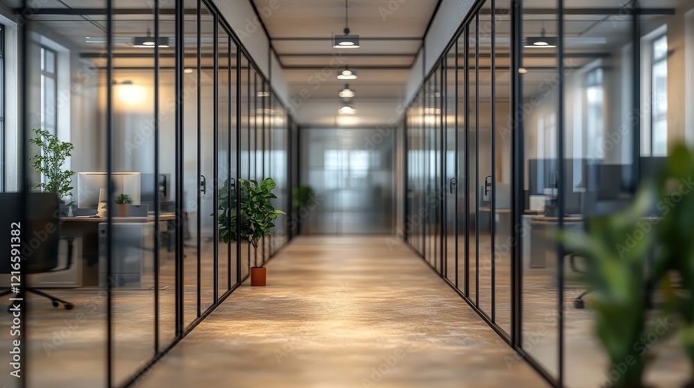 Modern Office Interior with Blurred Glass Walls and Natural Light in a Spacious Hallway Leading to Workspaces Modern Office Interior with Blurred Glass Walls and Natural Light in a Spacious Hallway Leading to Workspaces