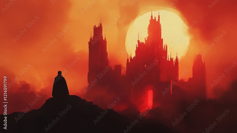 Obraz premium A lone figure observes a distant crimson castle
