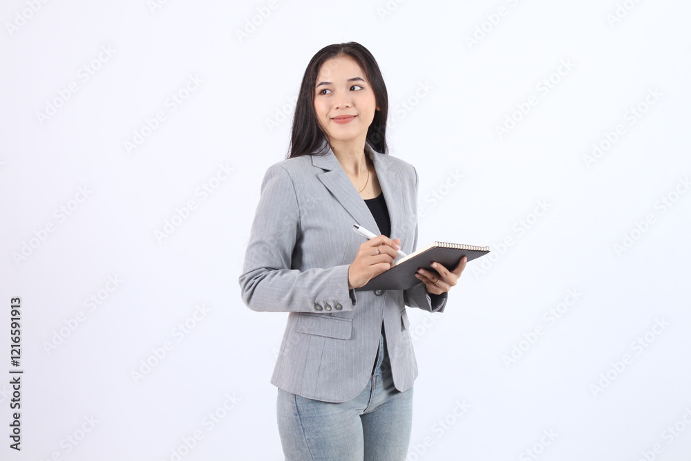 Thoughtful Young Woman in Gray Blazer Holding Notebook, Perfect for Leadership Themes Thoughtful Young Woman in Gray Blazer Holding Notebook, Perfect for Leadership Themes