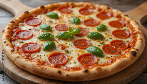 pepperoni pizza on wooden board. photo