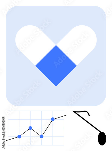 Capsule forming a heart symbolizes health, paired with a rising graph for growth and a musical note for creativity. Ideal for wellness, healthcare, business growth, innovation, arts, productivity