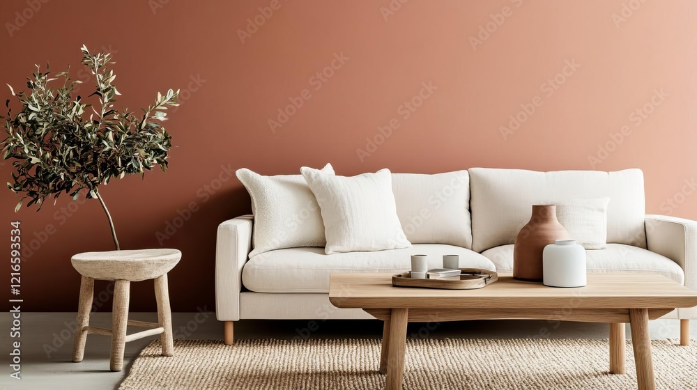 Bright lounge with muted terracotta walls, wooden coffee table, and neutral decor