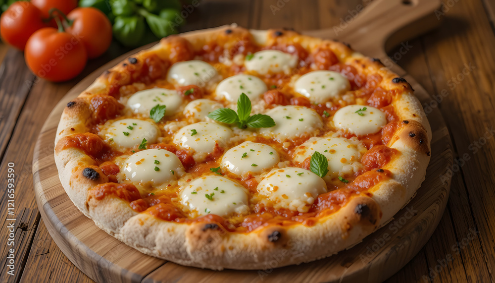 Delicious pizza with mozzarella on a wooden board. Delicious pizza with mozzarella on a wooden board.