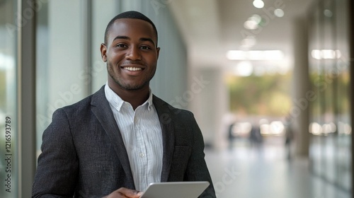 Portrait of a smiling young Black man in a business suit, holding a tablet in a modern office building.  He exudes confidence and success.