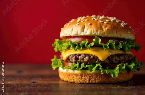 Cheeseburger with a juicy beef patty, melted cheddar, crisp lettuce and a slice of tomato on red background photo