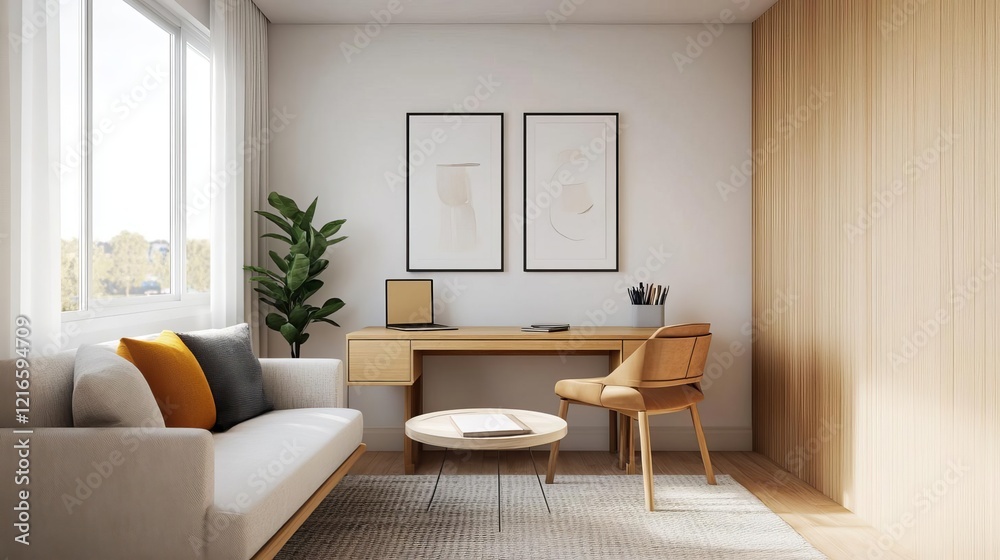 Bright modern study area with warm neutrals and a cozy aesthetic Bright modern study area with warm neutrals and a cozy aesthetic